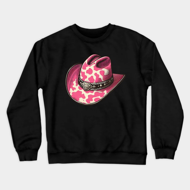 Pink cow print cowboy hat Crewneck Sweatshirt by PinScher